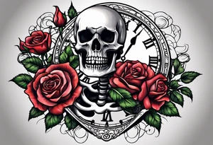 Skeleton with roses with clock tattoo tattoo idea