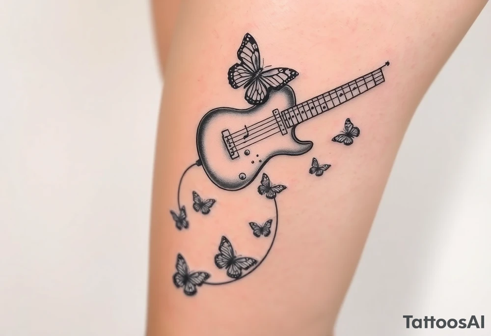An electric guitar with the cord running down wrapped around the leg and five or six butterflies around it tattoo idea
