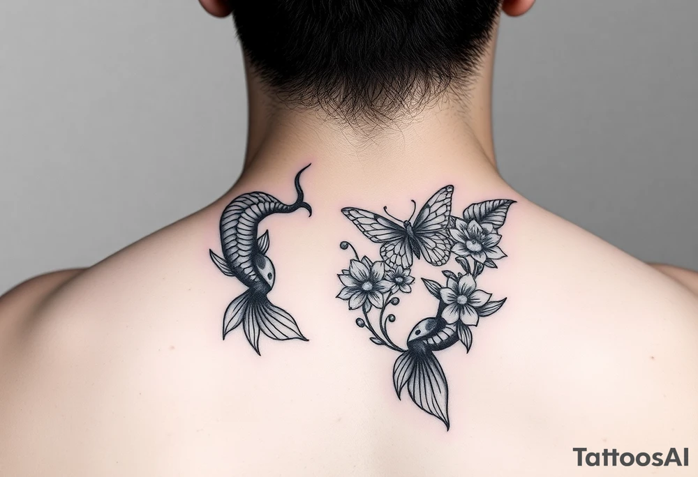 Two koi fish wrap around wrist tattoo with flowers and butterfly tattoo idea