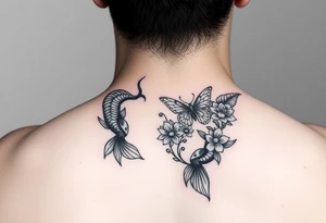 Two koi fish wrap around wrist tattoo with flowers and butterfly tattoo idea