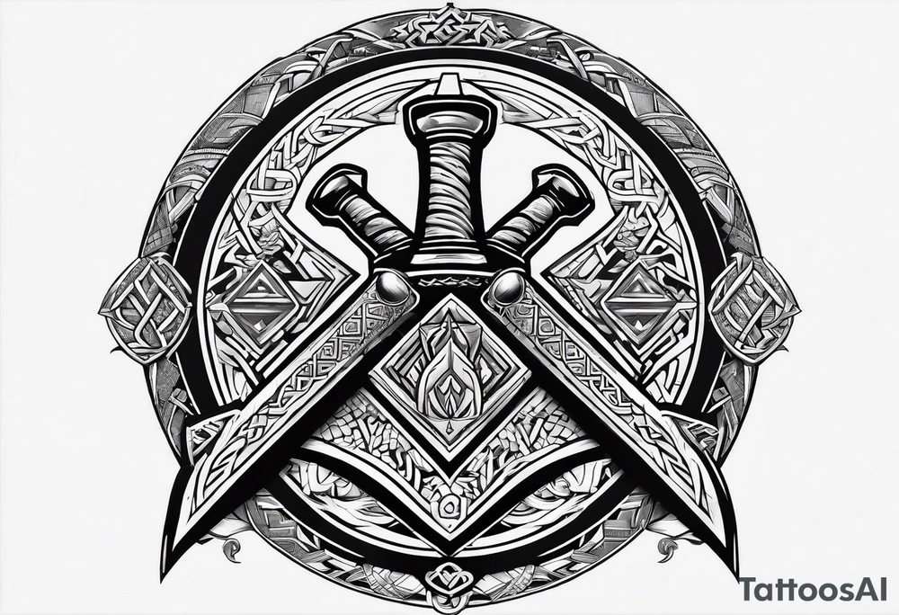 Valhalla sword shield axe Valknut tattoo idea