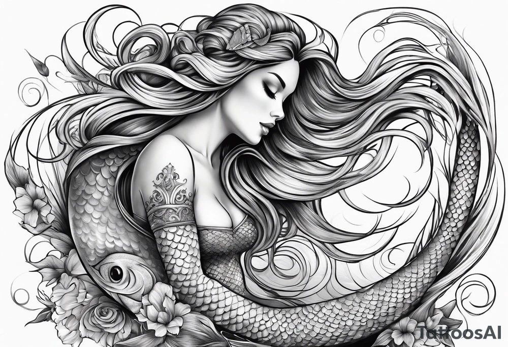 sexy full bodied mermaid with flowing tail and hair, tattoo sleeve tattoo idea