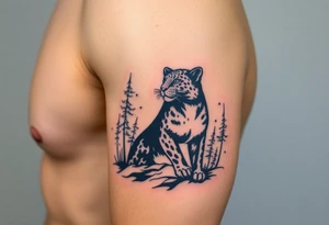 Black leopard in the woods with moon in sky tattoo idea