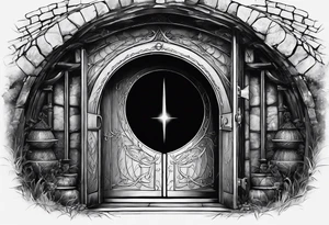 Lord of the rings and Harry Potter movie mashup. Small and simple. Hobbit door hole, wands, elvish writing, deathly hallows tattoo idea