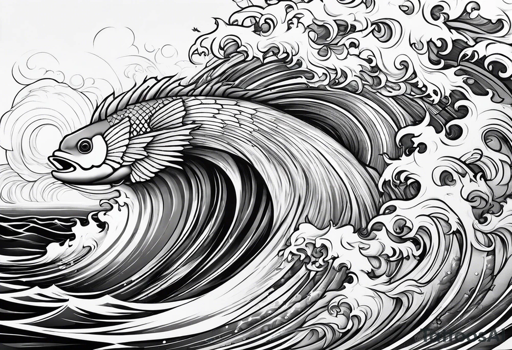 Full sleeve with Blues and blacks, waves fish, struggle, determination tattoo idea