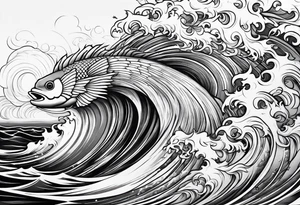 Full sleeve with Blues and blacks, waves fish, struggle, determination tattoo idea