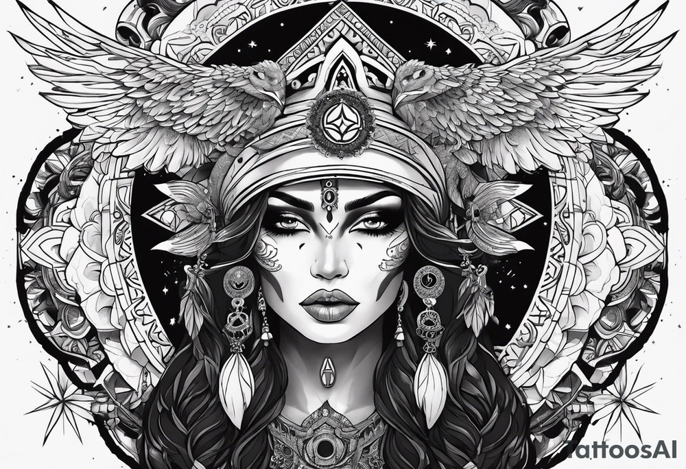 black kali, goddess pirate, alien, pachamama, valkrye, warrior, skull, lotus azul, wing, eagle, zenza resonance, stars, 5D, anahata chakra tattoo idea