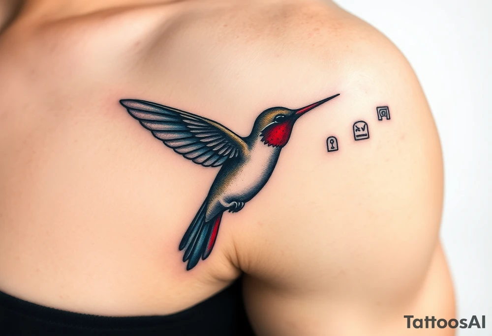 A hummingbird leaving a trail of glowing hieroglyphs as it flies(only red , blue and black are possible colors) tattoo idea