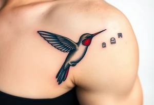 A hummingbird leaving a trail of glowing hieroglyphs as it flies(only red , blue and black are possible colors) tattoo idea