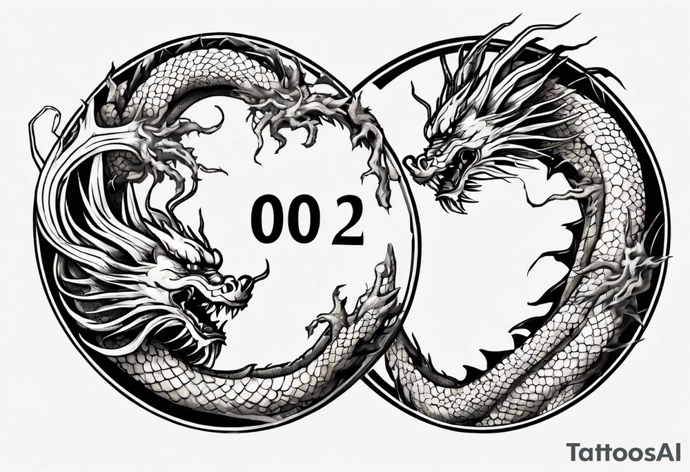 Chinese dragon in a circular shape with "02.03" written on it tattoo idea