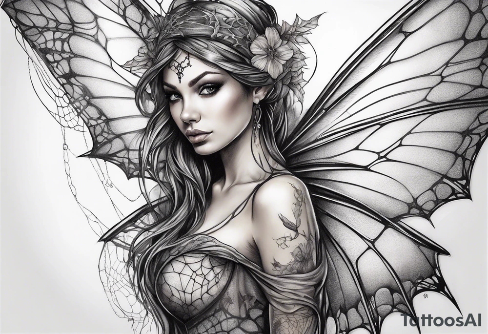 Fairy with bottom half wrapped up by spider web tattoo idea