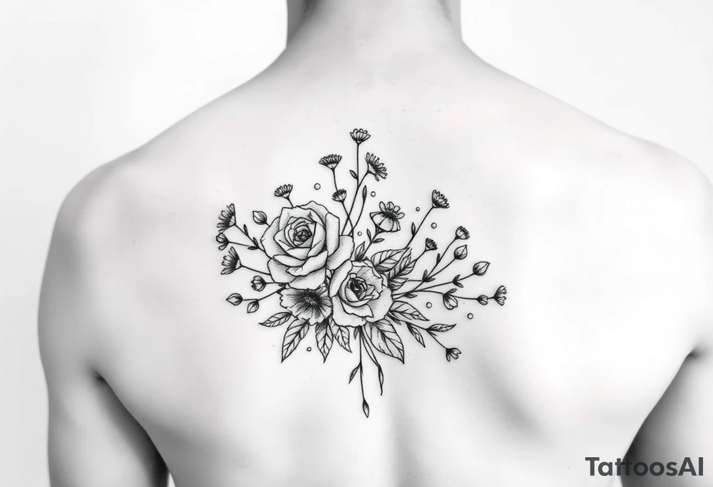 vintage bouquet of wild roses and meadow flowers with morning dew tattoo idea