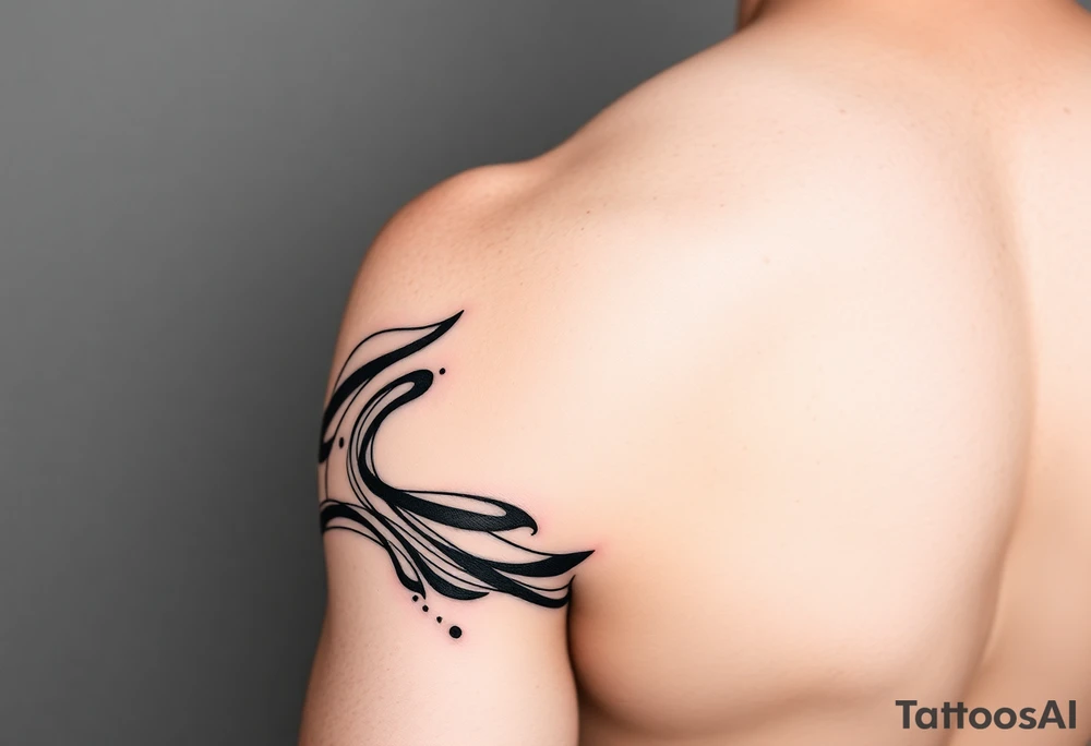 Bold abstract line tattoo for a male, inner forearm wrapping around the elbow, sharper wave forms, confident flowing black lines with controlled dotwork, strong contrast, modern masculine style, black ink only, no softness, tattoo-ready. tattoo idea