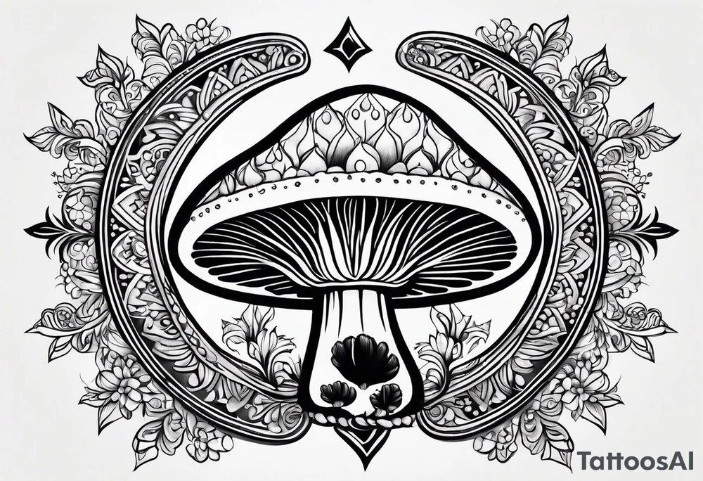 Black mushroom tattoo with henna style mandala crescent moon design surrounding it tattoo idea