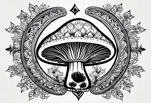 Black mushroom tattoo with henna style mandala crescent moon design surrounding it tattoo idea