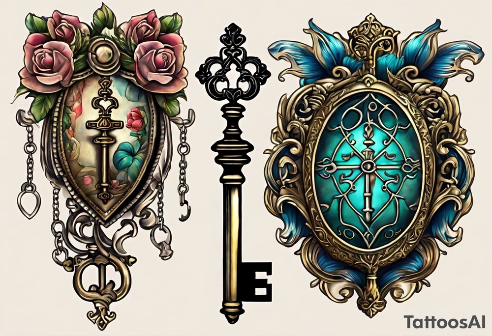 couple tattoos of an old antique key and locket set. the key is on the males inner thigh. the antique locket is going on her inner thigh. when tattoos are together the key looks like it unlocks the locket. tattoo idea