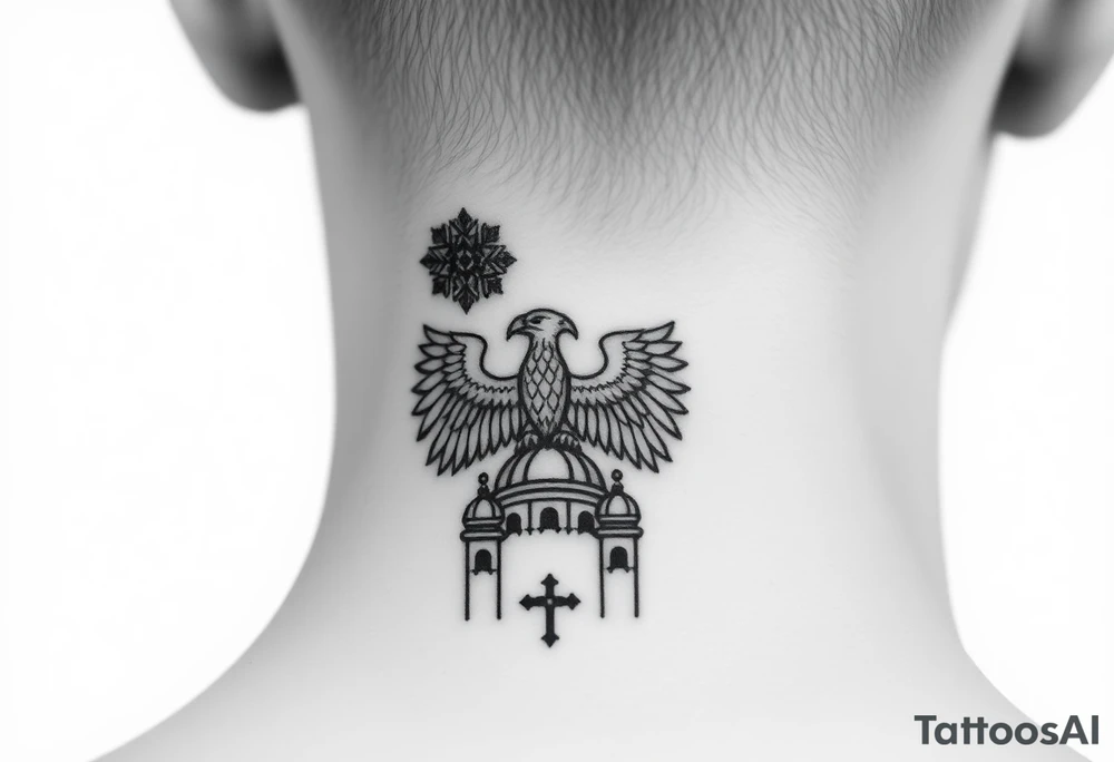 Miniature Echo
A smaller, refined version of your back composition stacked vertically:

Top: Small 8-pointed Russian star (Bethlehem star)
Middle: Tiny double-headed eagle (simplified, more linework style)
Bottom: Orthodox church dome with a cross tattoo idea