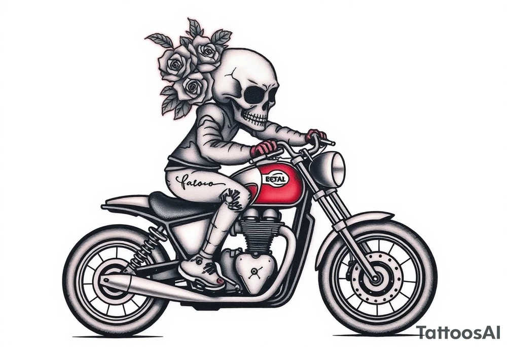 create an decorated "day of the dead skull" with roses who is riding a Triumph motorcycle tattoo idea