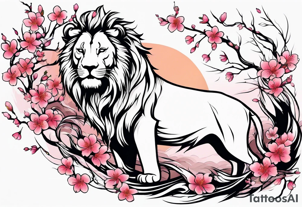 Cherry blossom blowing in the wind with a lion tattoo idea