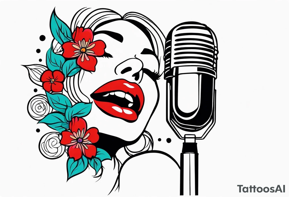lips singing old school vintage traditional
flowers around and mouth next to microphone
bold and colorful simple design dots and simple flowers sketch tattoo idea