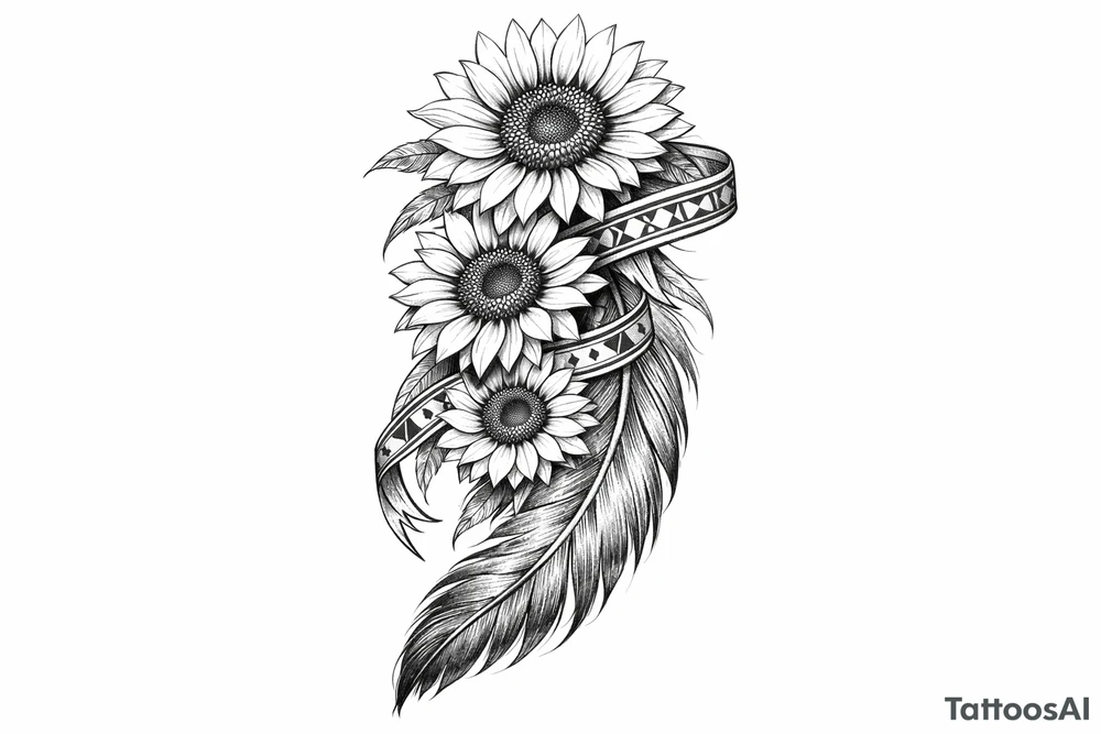 3 cascading sunflowers wrapped in simple Native American ribbon on top of a feather tattoo idea