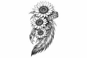 3 cascading sunflowers wrapped in simple Native American ribbon on top of a feather tattoo idea