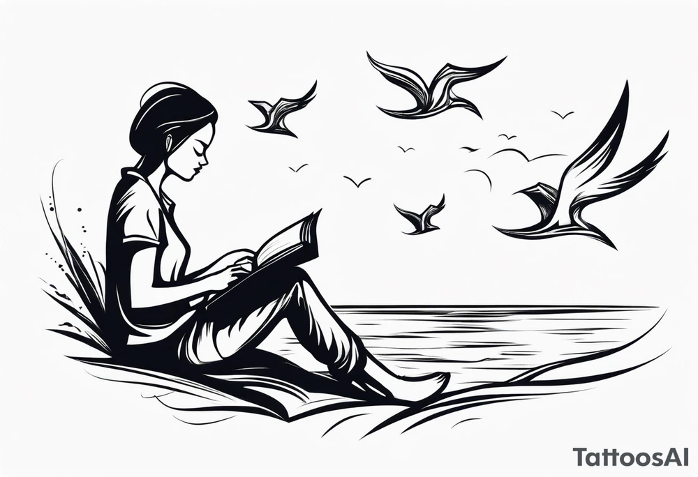 Someone is sitting on the beach reading a book and the pages are flying in the wind, the purpose of the tattoo is to emphasize that just as the pages are flying in the wind, you also have to flip through situations in life tattoo idea