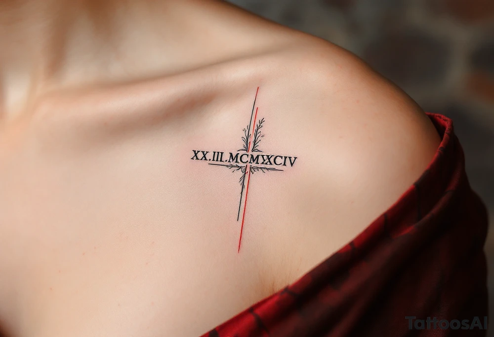 XX.III.MCMXCIV along the spine in bold black Roman font, split by a thin vertical red line for symmetry. tattoo idea