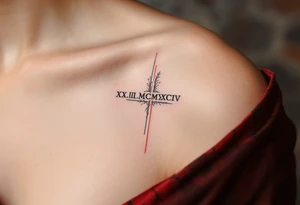 XX.III.MCMXCIV along the spine in bold black Roman font, split by a thin vertical red line for symmetry. tattoo idea