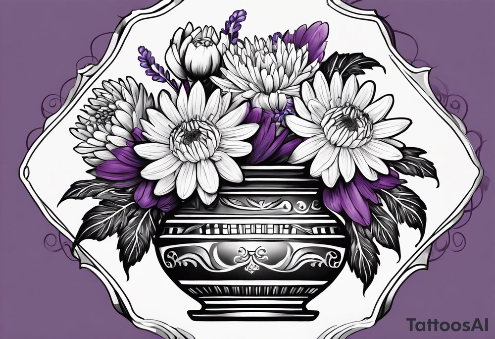 Un vase Grec avec 2 fleurs nénuphars, 1 fleur CHRYSANTHEMUm, et une violette tattoo idea