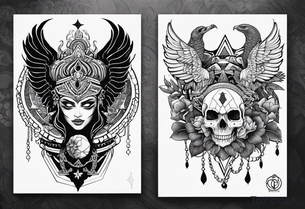 kali ma, alien goddess, valkrye, aries, pirate, divine feminine, zenza resonance, pachamama, lotus azul, blank panther, eagle, skull, 5D, nueva gaya, dna 12 tattoo idea