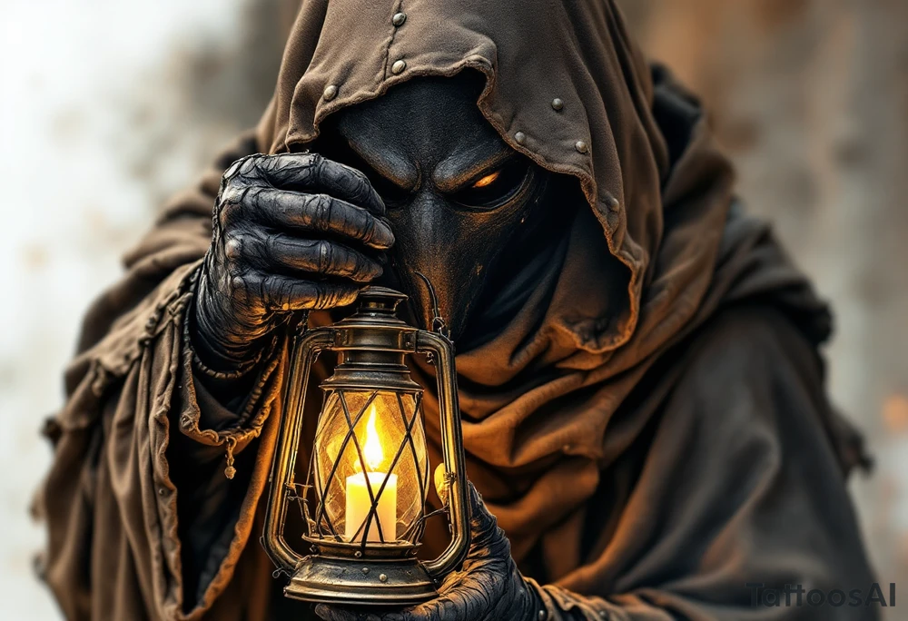 Medieval Plague Doctor with Lantern – A shadowy plague doctor in a worn-out dark brown cloak, holding an old brass lantern with a flickering warm yellow candlelight inside. The beaked mask is deep black with silver rivets. tattoo idea