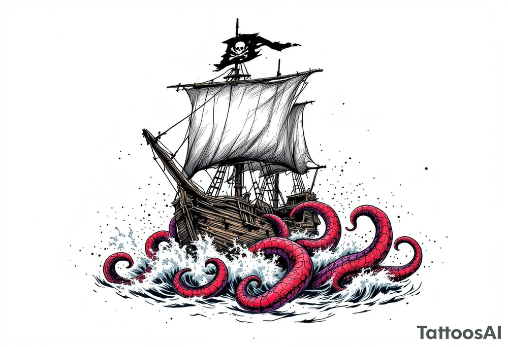 Kraken’s Wrath – A wooden pirate ship in the midst of a stormy sea, being dragged into the depths by massive red and purple tentacles. The skull-shaped waves crash against the hull, while a torn black Jolly Roger flag flaps in the wind. tattoo idea