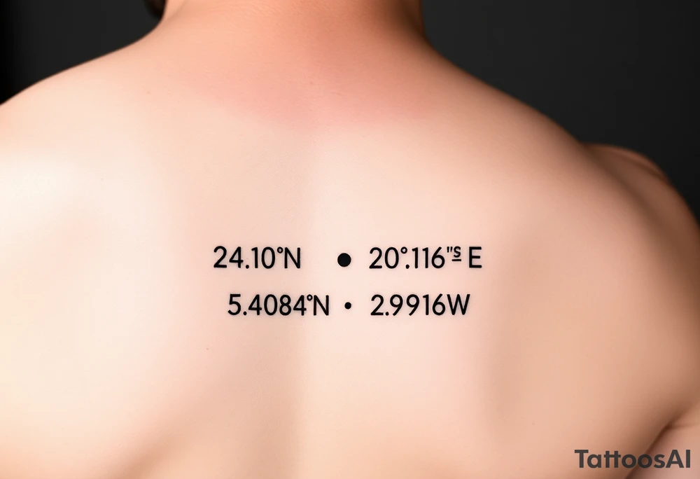"24°10′N, 20°16′E". Below the second dot, write: "53.4084°N, 2.9916°W". Above each coordinate, place a small circle or marker dot to signify key points., add a single row — ● — ●   ● —   ● — ●   — — —   ● — ● ●   ● ●   — ● ●   ● — tattoo idea