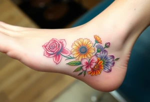 a vibrant, watercolor tattoo with one rose, one lily, one marigold, and one cosmos flower tattoo idea