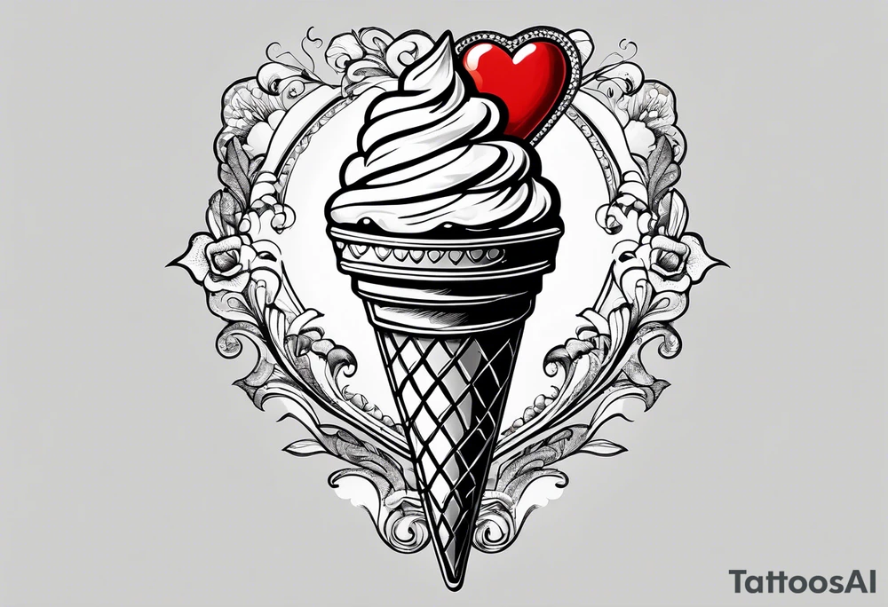 ice cream cone with one round scoop of ice cream and a red heart tattoo idea