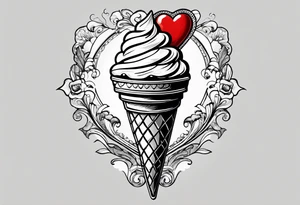 ice cream cone with one round scoop of ice cream and a red heart tattoo idea