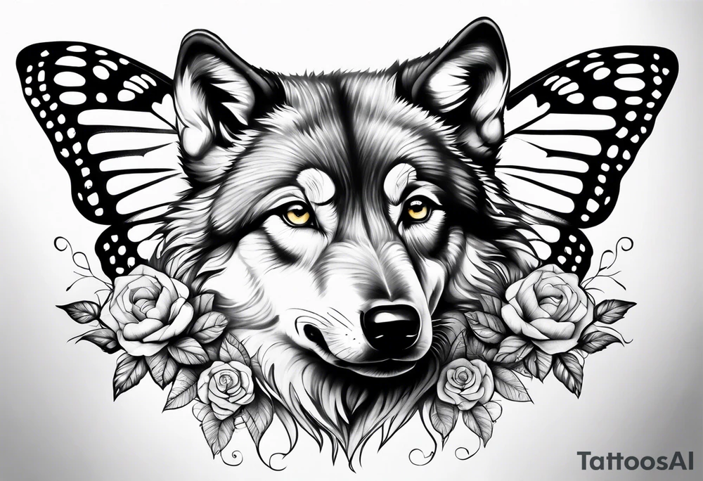 Wolf puppy and butterflies tattoo idea