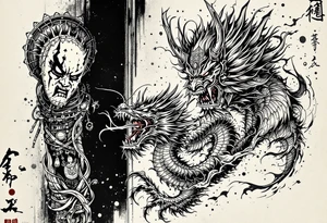 Japanese style with an oni mask, dragon and samurai warrior tattoo idea