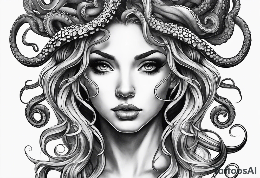 Medusa tattoo with a beautiful face only showing from the nose up. Octopus tentacles for hair tattoo idea