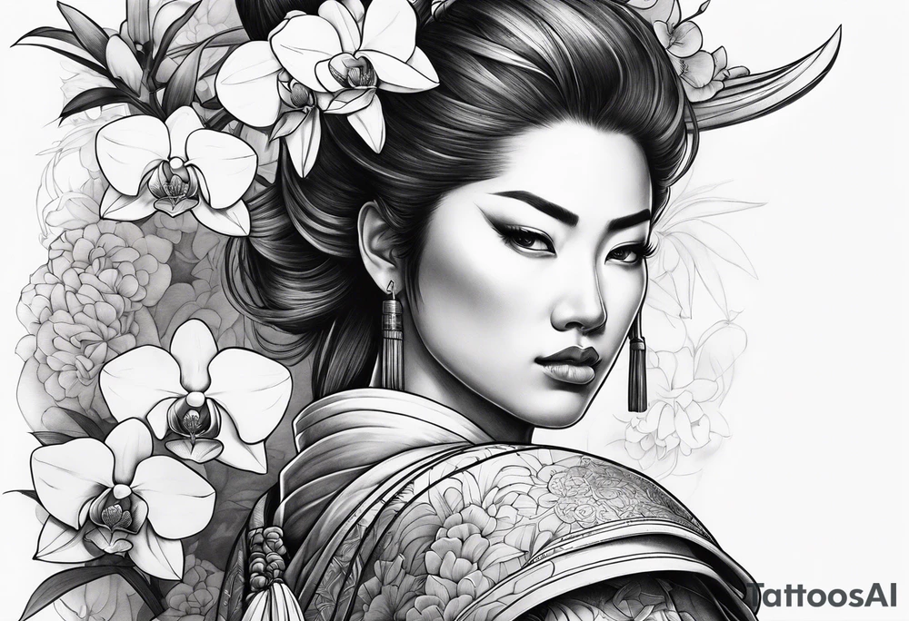 Female samurai with orchids tattoo idea