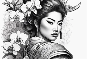 Female samurai with orchids tattoo idea