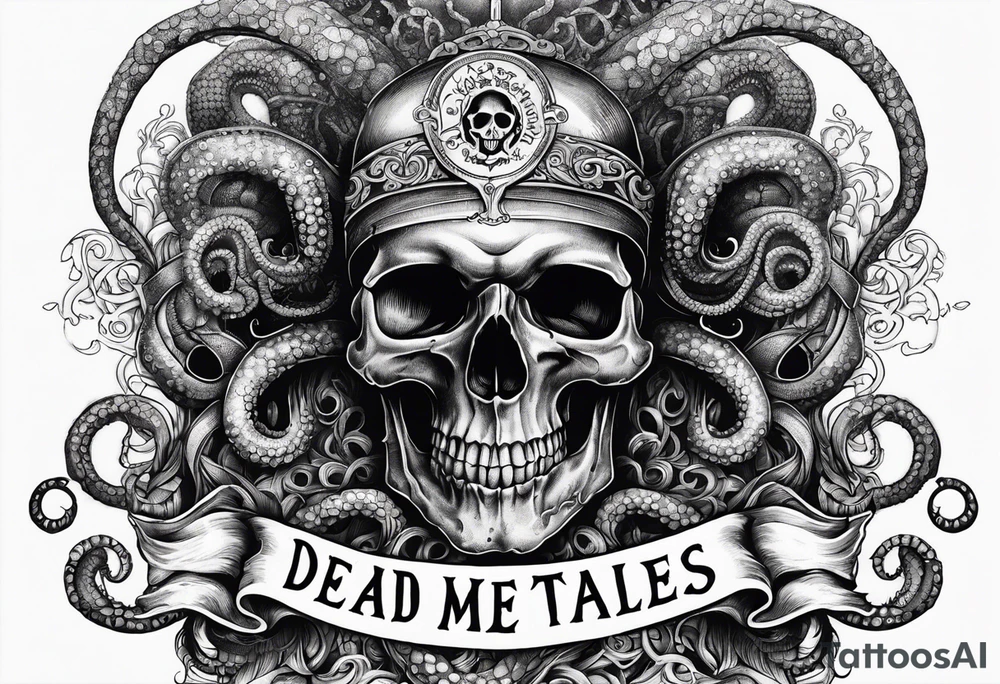 Skull with tentacles and text above and below  “Dead me say no tales” tattoo idea