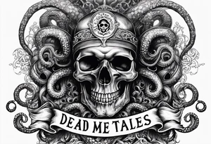 Skull with tentacles and text above and below  “Dead me say no tales” tattoo idea