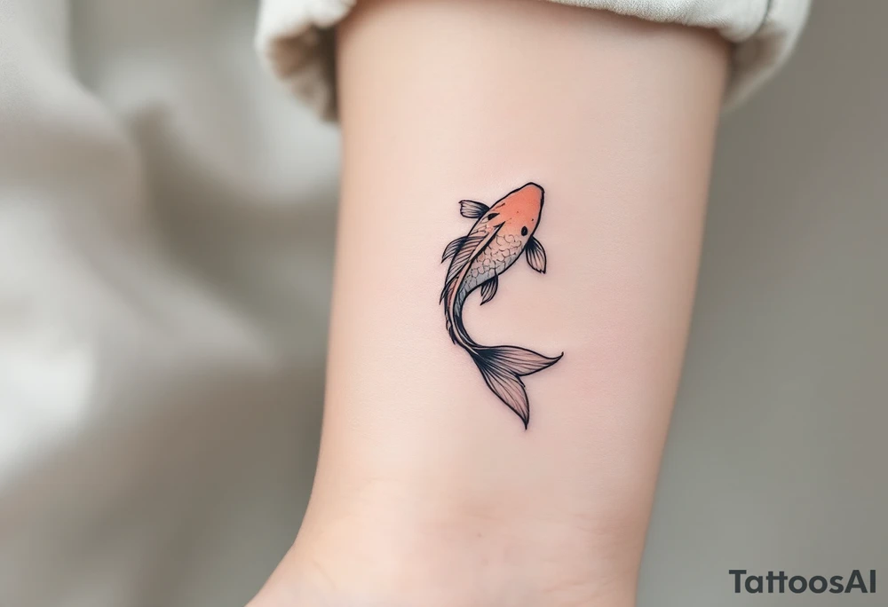 Delicate tiny fish tattoo — a single, 2 cm‑long koi silhouette swimming upward, inked in soft charcoal gray with a subtle watercolor wash of muted coral along the fins and a whisper of pale teal on the tail, conveying quiet resilience and flow. tattoo idea