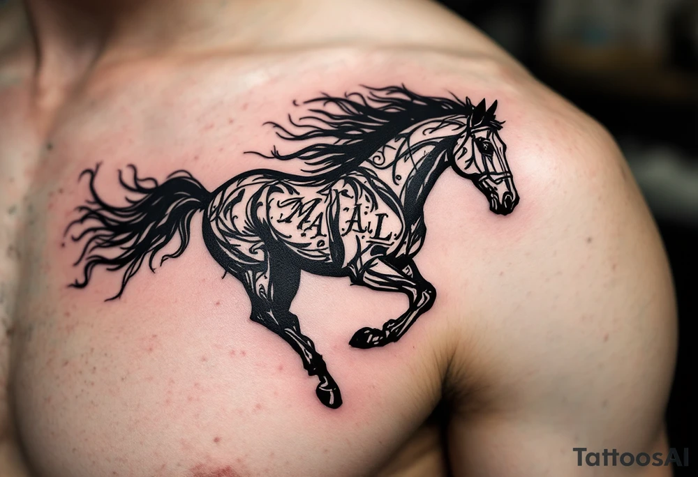 horse silhouette 
from the front which gallops from the front, with the 3 small letters discreetly integrated: M, A, L tattoo idea