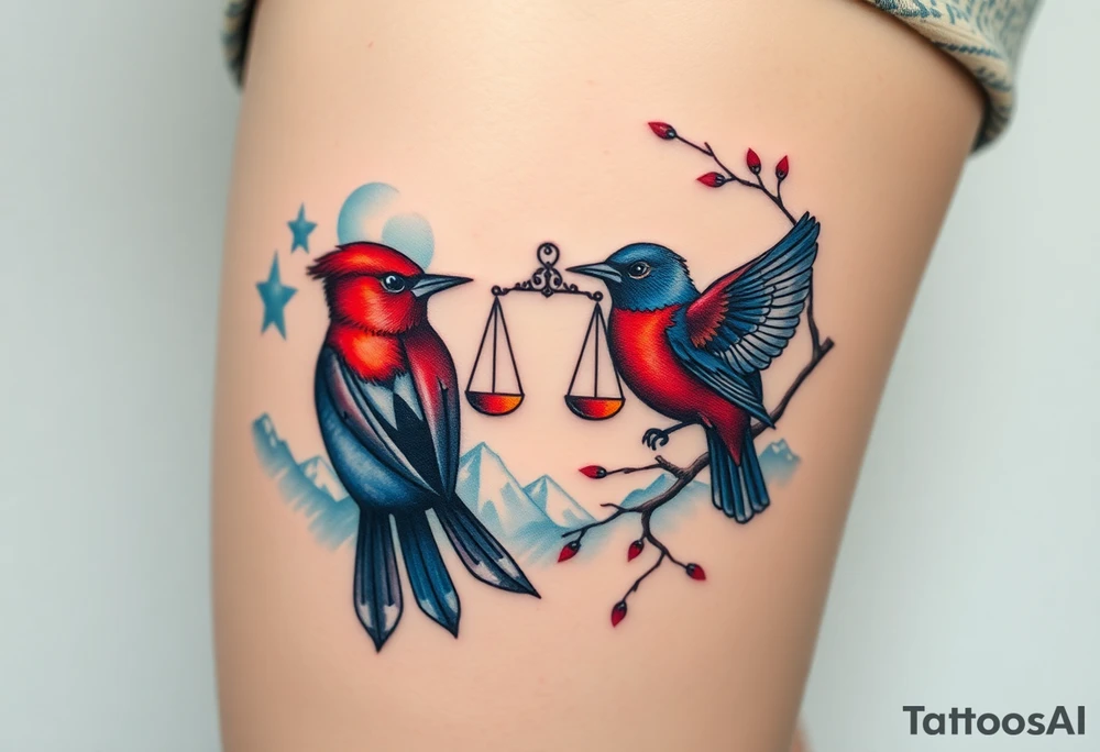 2 birds as the focus, 1 red bird in a suit, 1 navy blue bird with glasses, scales of justice in a tree, starry night painting and mountain background tattoo idea