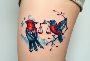 2 birds as the focus, 1 red bird in a suit, 1 navy blue bird with glasses, scales of justice in a tree, starry night painting and mountain background tattoo idea