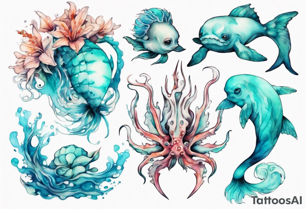 a beautiful feminine turquoise seas creature tattoo idea