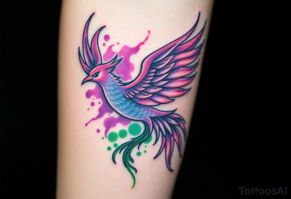 Phoenix with blazing flames with purple and green tattoo idea